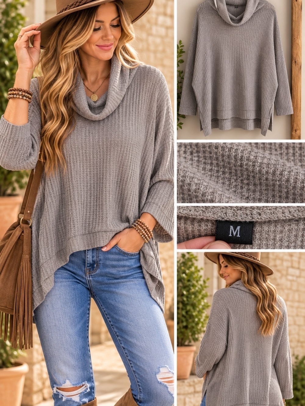 Taupe Gray Brown Waffle Knit Cowl Neck Sweater M Relaxed Boho Pullover SOFT